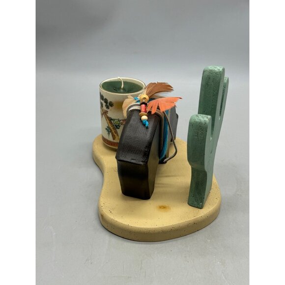 Southwestern-Themed Candle Holder With Cactus & Buffalo Design On Wooden Base - Picture 3 of 7